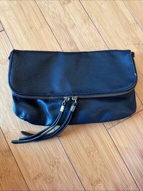 Black Pebbled Leather Fold-Over Clutch with Tassel Zips
